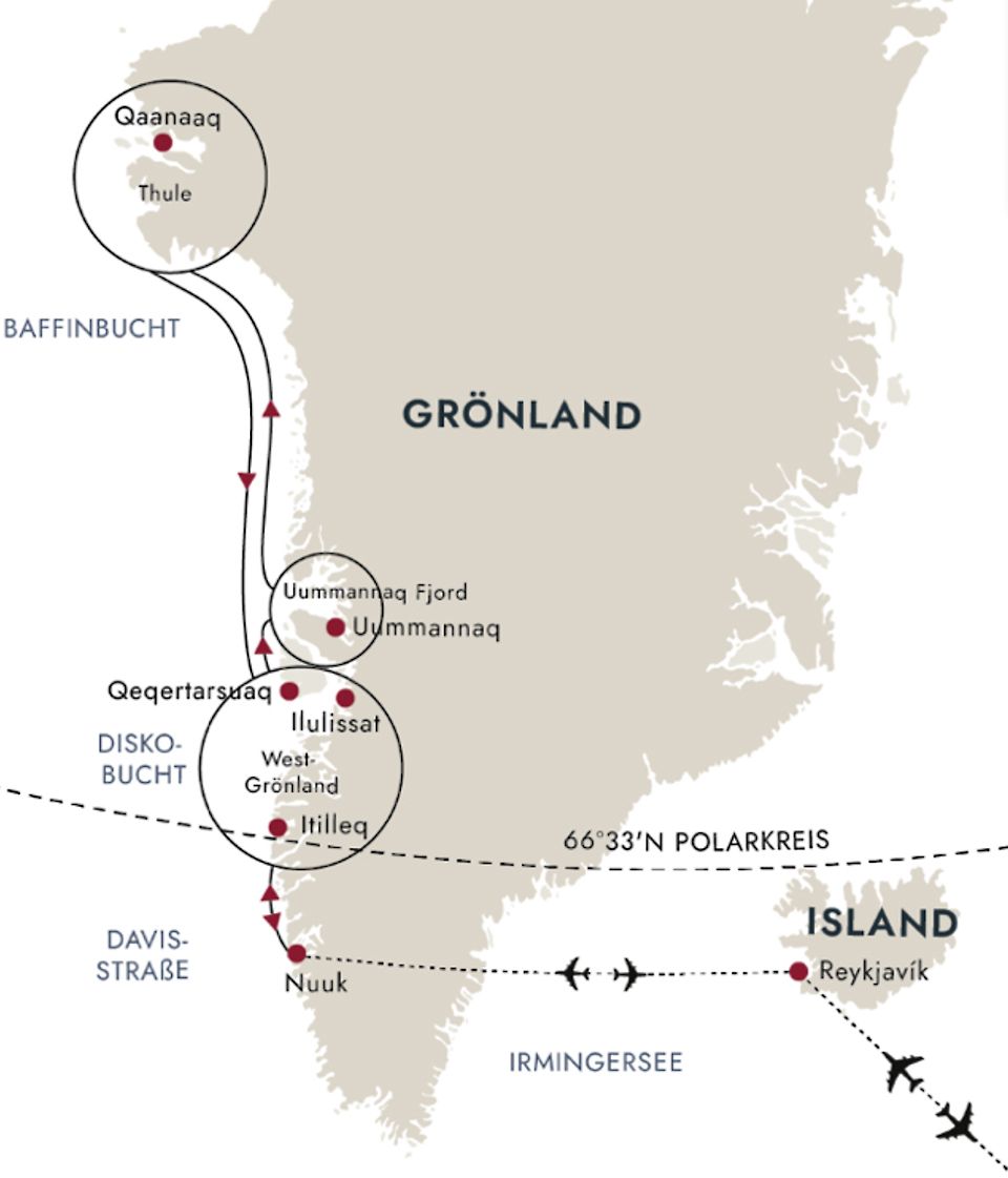 Groenland Karte der Hurtigruten Seereise in der Diskobucht