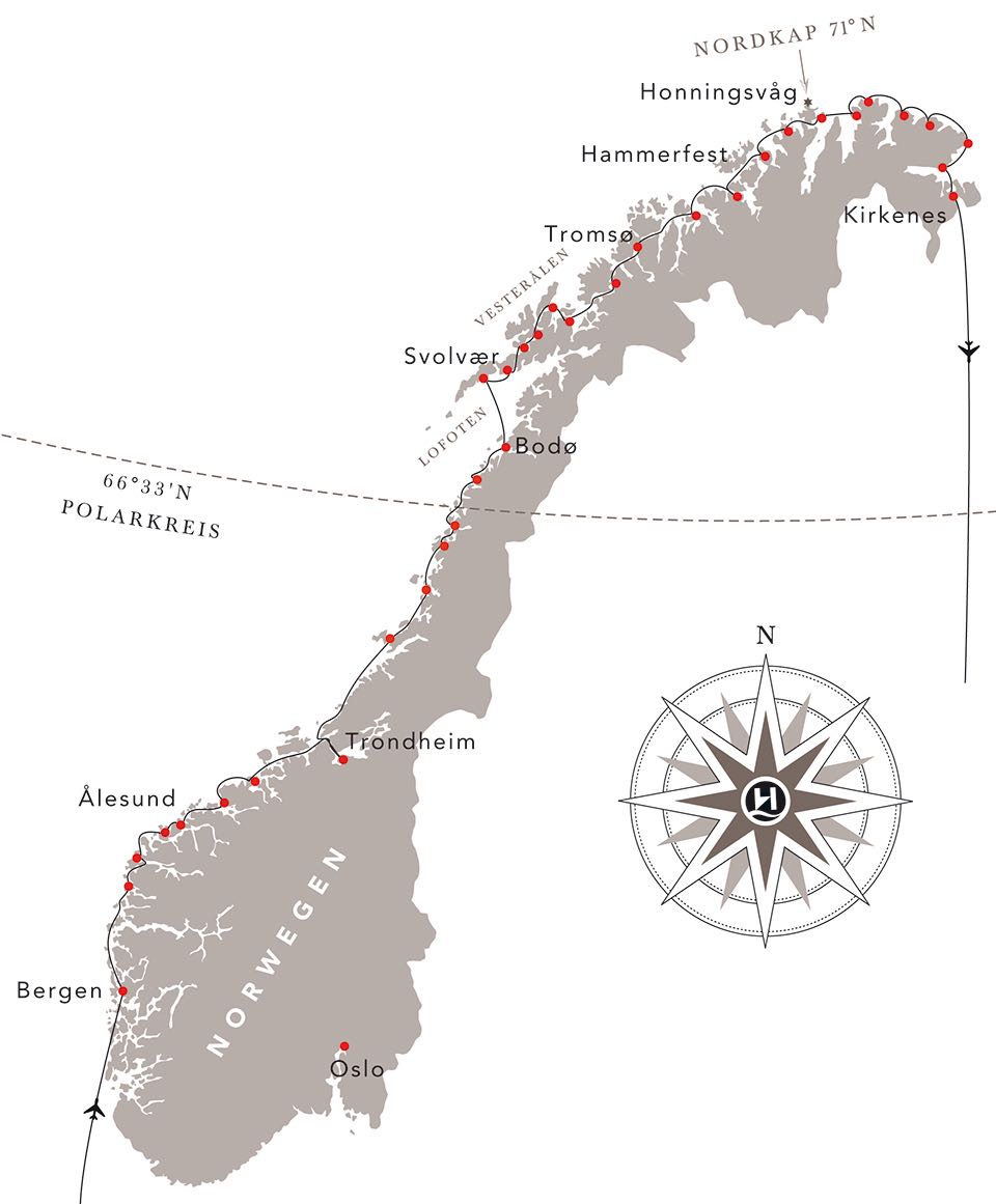 Karte mit Haefen der Hurtigruten Fotoreise Bergen Kirkenes