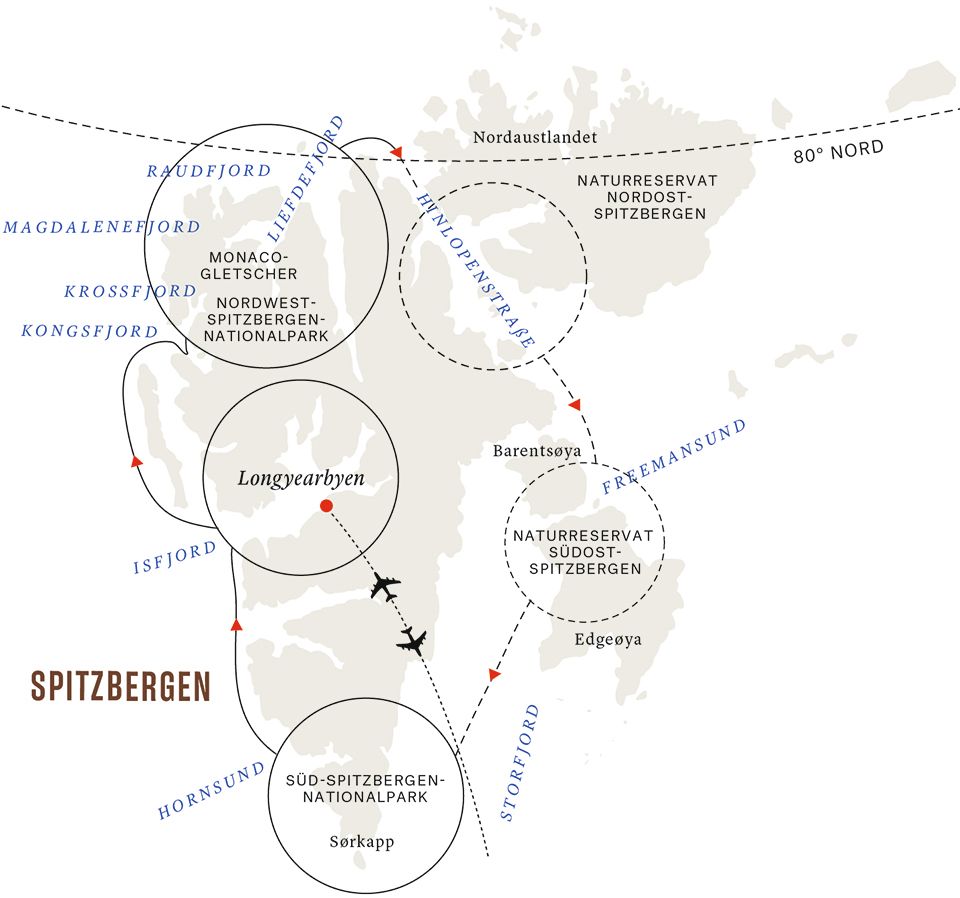 Seereiseroute der MS Spitsbergen von Hurtigruten