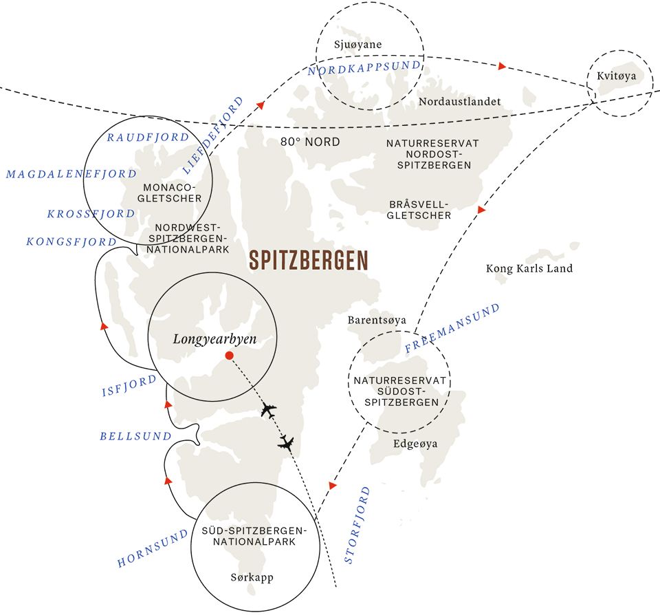 Seereiseroute Spitzbergen mit der MS Fram von Hurtigruten