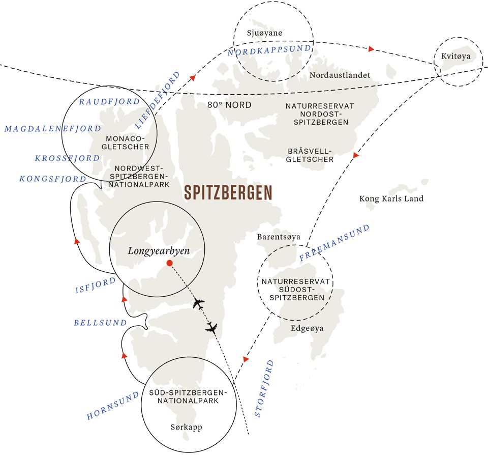 Seereiseroute der MS Spitsbergen von Hurtigruten